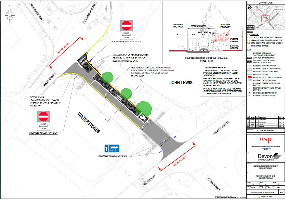 The scheme plan shows a detailed design of the proposed bus gate and bus lane. The plan illustrates the road markings including the advanced cycle stop line at the Sidwell Street end of the bus lane and the ‘BUS GATE’ road marking at the entrance of the bus lane. In addition, the scheme plan shows the location of the proposed regulatory signage and the widths of the traffic and bus lanes. The carriageway will maintain its 6 metres wide width, consisting of a 3-metre-wide traffic lane and a 3-metre-wide bus and cycle lane. A cross section of the scheme plan is shown in the top right corner showing that the widths of the 5.2-metre-wide western footway and 9.5-metre-wide eastern footway will be maintained, and the tree canopies will be raised to 5.2 metres to accommodate double decker buses. 