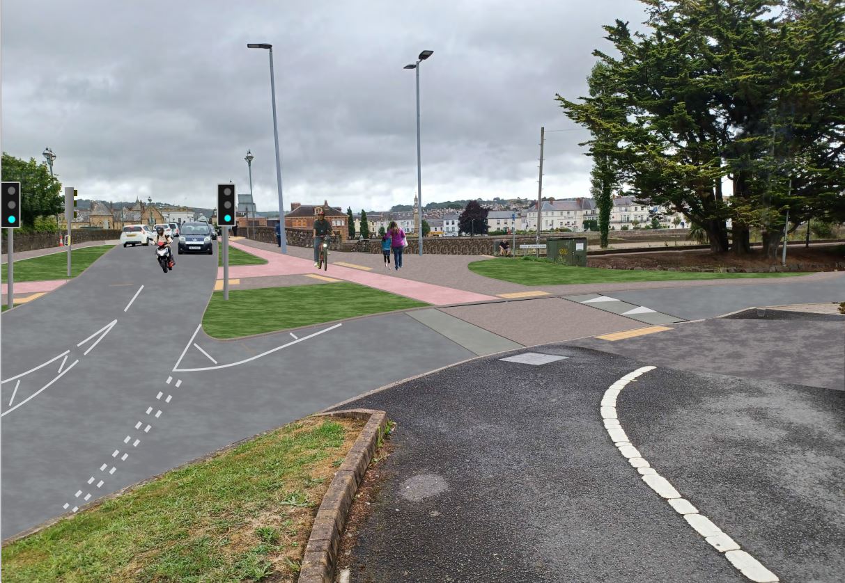 Artist impression of the removal of the vehicular left and right turn into Seven Brethren Bank, removal of all except 2 signal heads, and expansion of the walking and cycling path leading to a table top crossing across Seven Brethren Bank.