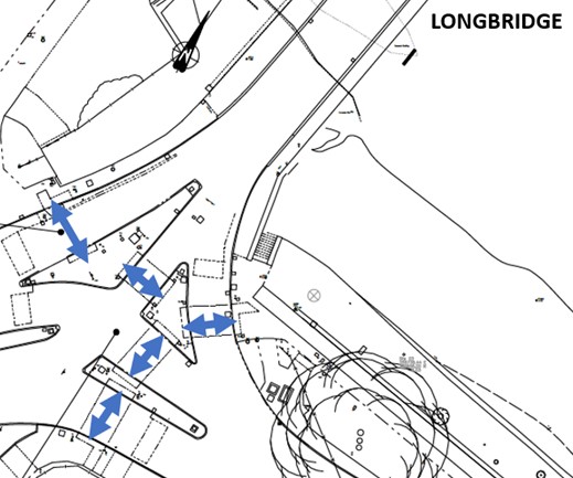 Current arrangement of multiple crossings across the A3125 and Seven Brethren Bank
