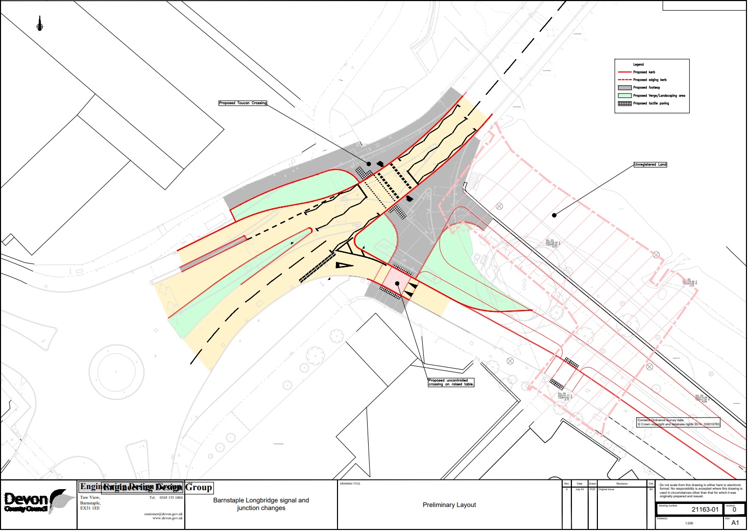 Simple design of the junction with the banned turns into Seven Brethren Bank and pedestrian and cycle paths added on the desire lines.