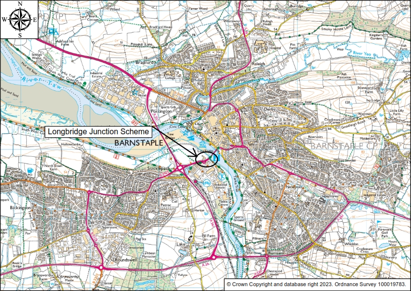 Map of Barnstaple town to show where Longbridge is located