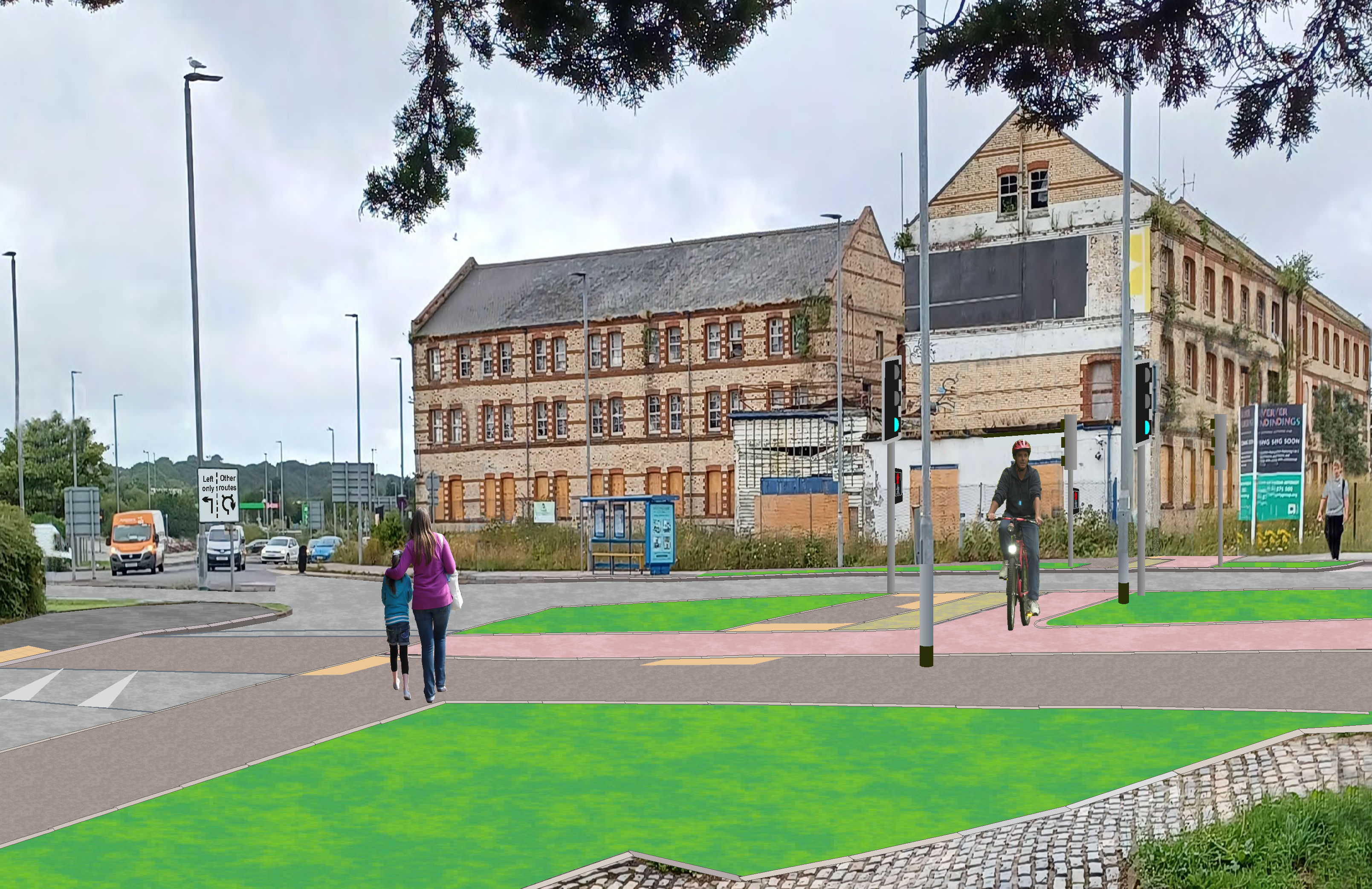Artist impression of the removal of the vehicular left and right turn into Seven Brethren Bank, removal of all except 2 signal heads, and expansion of the walking and cycling path leading to a table top crossing across Seven Brethren Bank.