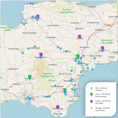 Map 1 shows locations of all 53 commissioned learning disability independent sector day services and in-house learning disability day services in Devon and surrounding areas. This includes the services within an approximate 30-minute drive as displayed in the table as well as those further away. (Please note some of the blue circles represent more than 1 day service)