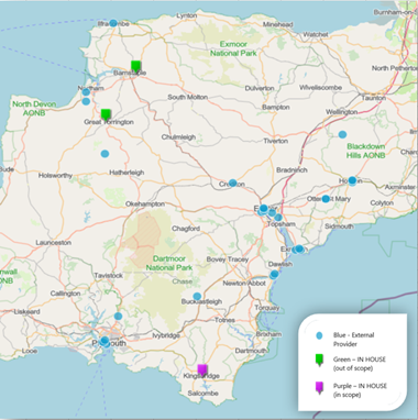 Map 2 shows locations of independent sector day services for people with other types of needs, and the in-house older person’s services in and out of scope. This shows the services within an approximate 30-minute drive as displayed in the table as well as those further away. (Please note some of the blue circles represent more than 1 day service) 