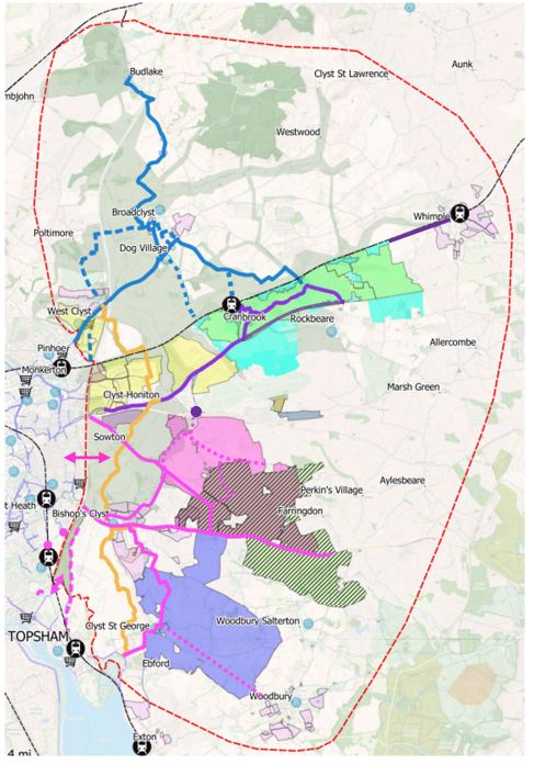 Map of proposed routes in Clyst Valley and New Communities Local Cycling and Walking Infrastructure Plan