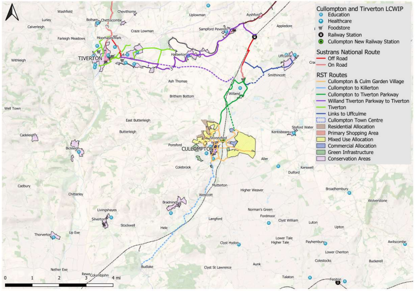 Map of proposed routes in Cullompton and Tiverton Local Cycling and Walking Infrastructure Plan