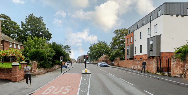 An artistic impression of what the proposed bus priority pre-signals at the end of Heavitree Road eastbound bus lane could look like.