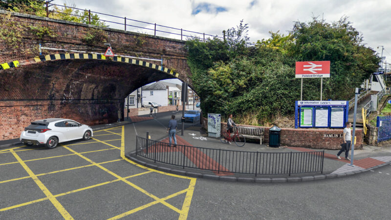 An Artistic Impression of Polsloe Bridge Active Travel Crossing Option 1. Showing a diagonal crossing under Polsloe Bridge and widened pavements facilitating share-use at both ends. 