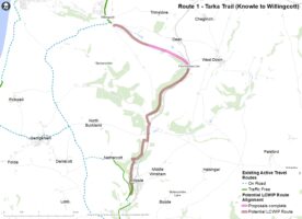 Map showing the indicative alignment of Route 1: Tarka Trail (Knowle to Willingcott).