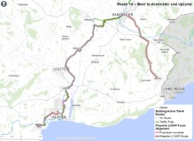 Map showing the indicative alignment of Route 10: Beer to Axminster and Uplyme