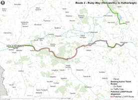 Map showing the indicative alignment of Route 2: Ruby Way (Holsworthy to Hatherleigh)