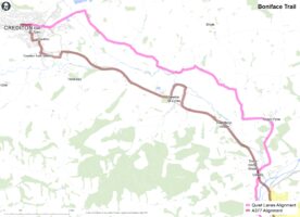 Map showing the two alignment options identified; the Quiet Lanes alignment and the A377 alignment.
