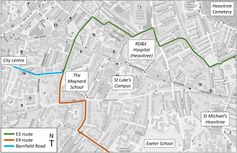 Image shows Barnfield Road in blue, E3 in green and E9 in orange. Key locations in Exeter are highlighted: City Centre, The Maynard School, RD&E Hospital (Heavitree), St Luke's Campus, Exeter School, Heavitree Cemetry, St Michael's Heavitree.