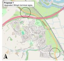 Map of Exminster labeled “Proposal 1: Upgraded 30 mph terminal signs.” The M5 motorway (pink) crosses the top and the A379/Sannerville Way (orange) runs down the right side. Two black dashed circles mark proposed 30 mph gateway locations—one on the northern approach near the M5 overbridge and one on the south-eastern approach by the A379 roundabout.