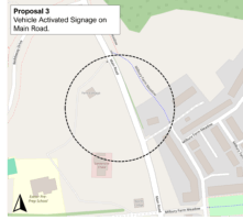 Proposal 3: Vehicle Activated Signage on Main Road.” A black dashed circle highlights a location on Main Road near the junction with Milbury Farm Meadow, opposite fields and close to Somerville Chase and Fern Cottage. Exeter Pre-Prep School is shown to the southwest. North arrow at bottom left.