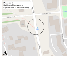 Alt text: Map labeled “Proposal 4: Build out of footway and improvement of formal crossing.” Zoomed view of Main Road running north–south. The dashed black circle highlights the crossing area on Main Road by Milbury Farm, between the junctions with Milbury Farm Meadow (east–west) and the Devington Park entrance. Nearby labels include Old Quarry Drive and South Lodge. A north arrow appears at bottom left.