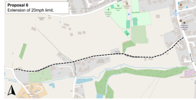 Proposal 6: Extension of 20 mph limit.” A dashed black line marks the proposed 20 mph route running west–east across the south side of Exminster—linking Main Road by Exminster Methodist Church to the area by Deepway/Spurfield and on toward Berry Brook. Green shaded areas show parks; a north arrow appears at bottom left.