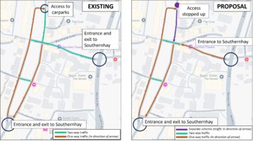 Map shows the proposed and existing traffic flow around Southernhay. Currently, Barnfield Road and Southernhay East, north of Barnfield Road, are two-way traffic, but it is proposed for this to become mostly one-way, in-keeping with the traffic flow around Southernhay.