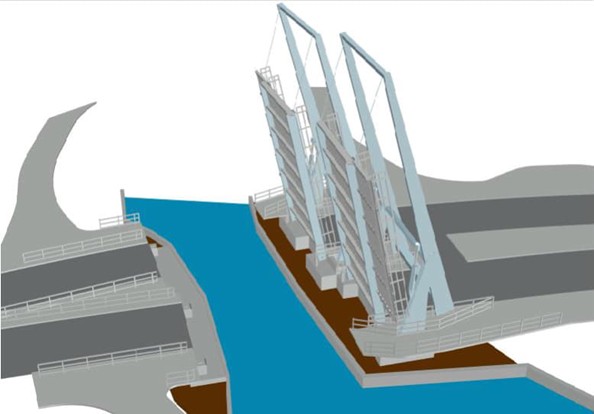 An artists impression of the proposed new bridge design in an open position.