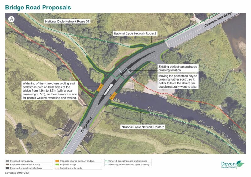 A bird's eye view of the bridge road proposals. These include moving the pedestrian and cycle crossing further south, so it better follows the desire line people naturally want to take. It also shows widening of the shared use cycling and pedestrian path on both sides of the bridge from 1.9m to 3.7m (with a local narrowing to 3m), so that there is more space for people walking, wheeling, and cycling.