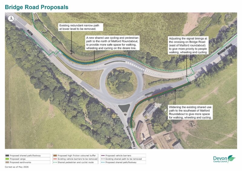 A bird's eye view of the Matford roundabout, south of the bridges, showing the proposals. These include removing the existing redundant narrow path on the lower level of the Northeastern side to be removed. This will be replaced with a new shared use cycling and pedestrian path to the north of Matford Roundabout. Also adjusting signal timings at the crossing east of Matford roundabout, to give more priority to pedestrians and cyclists. It also shows widening the existing shared use path to the southeast of Matford Roundabout to give more space for walking, wheeling and cycling.