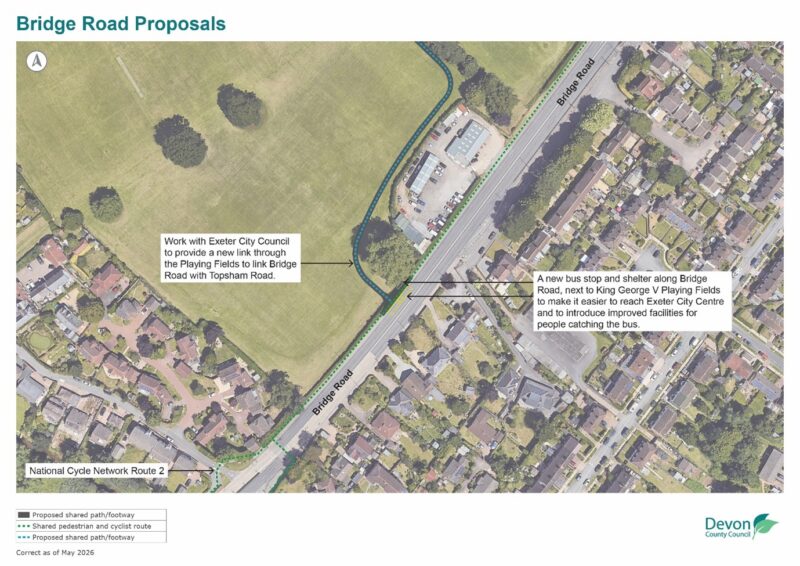 Bird's eye view of Bridge road north of the bridges showing the proposals. These are to work with Exeter City Council to provide a new link through King George V playing fields to link bridge road with Topsham road, and a new bus stop and shelter along bridge road next to the playing fields.