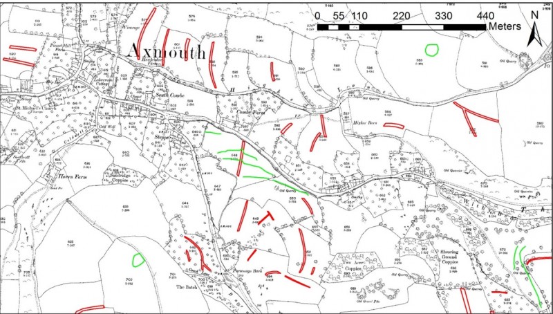 Removed curvilinear boundaries at Axmouth overlain onto the late nineteenth century mapping. NMP mapping © Historic England. 1880s-1890s 25 Inch First Edition Ordnance Survey mapping © Crown copyright and Landmark Information Group Ltd.