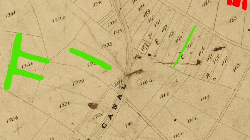 Curvilinear green conjoined lines depict the earthwork ditches, fitting into the pattern of fields shown on the underlying scan of a tithe map.