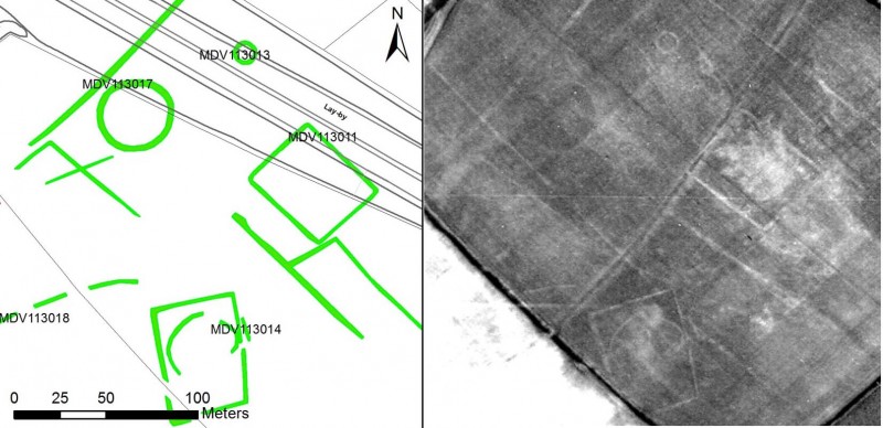 Enclosures south of Exeter visible as pale cropmarks in 1963. Several have since been truncated and one completely destroyed by roadworks. The base maps are © Crown Copyright and database right 2015. Ordnance Survey 100019783. NMP transcriptions © Historic England. RAF/543/2332 2F21 0102 26-JUL-1963. Historic England (RAF Photography).