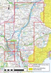 A colour photograph with the project area outlined, mostly north and east of Exeter with a small are to the south-west.