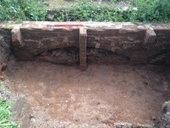 Bicton College. Exemplar vine arch running beneath glasshouses, (looking S, 1 x 1m scales). Copyright COAS Ltd.