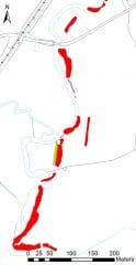 A colour map depicting a series of banks (in red) and small structures (in purple) following the east side of a river. One stretch of bank has a ditch on its west side, and cuts of a loop in the river.