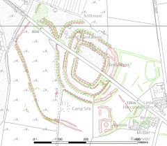A map with overlying transcriptions marking the banks and ditches of the multiple circuits of earthwork defences at Milber Camp.