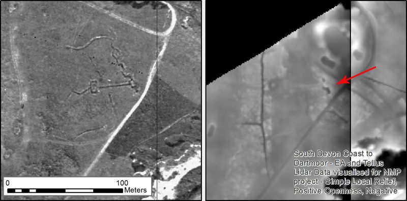 Black and white aerial imagery of crenelated earthwork ditches on open ground. They are much more clearly defined on the aerial photographs taken in 1946 than on the modern lidar visualisations.