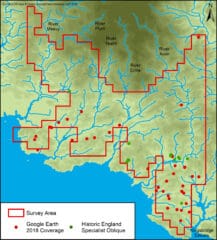 A map of the survey area depicting cropmarks visible on Google Earth imagery across the southern part of the survey area, and cropmarks recorded from Historic England specialist oblique aerial photographs clustering in the south-east of the survey area between the River Erme and Kingsbridge Estuary.