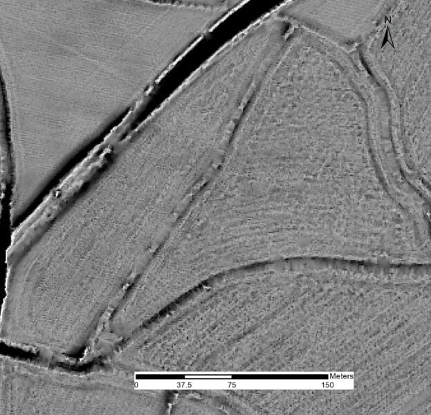 Greyscale lidar imagery showing a substantial ditch with banks on either side.