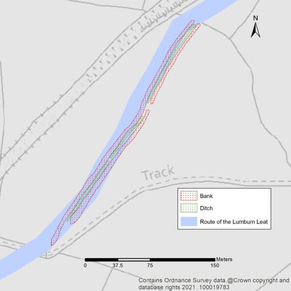 A greyscale map, overlain by transcriptions of the earthwork banks and ditch that correspond with a modern field boundary and with the route of the Lumburn Leat.