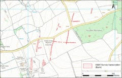 A modern map depicting extant boundaries, overlain by transcriptions of the possible reave earthwork banks, which are on a different alignment.