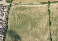 Colour aerial photograph of rectilinear dark green cropmarks in a mottled pale green field.