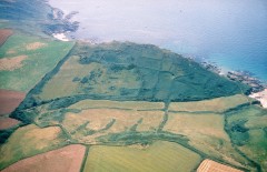 A colour aerial photograph of prehistoric field boundaries, preserved as low banks under rough pasture at Deckler’s Cliff, South Hams.