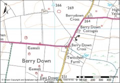 Barrows at Berry Down visible on aerial photographs (in red). Newly recorded features are in the north-east. © Crown Copyright and database right 2013. Ordnance Survey 100019783. NMP mapping © English Heritage. 