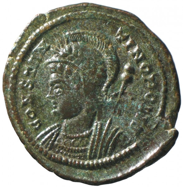 The millionth object recorded on the PAS database: a copper alloy coin struck by Constantine I to celebrate his new city of Constantinople (Istanbul), struck at Lyon in AD 332. The obverse shows the personification of Constantinopolis. © The Trustees of the British Museum