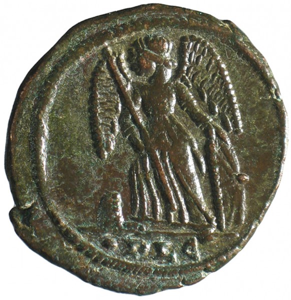 The millionth object recorded on the PAS database: a copper alloy coin struck by Constantine I to celebrate his new city of Constantinople (Istanbul), struck at Lyon in AD 332. The reverse shows Victory on a prow. © The Trustees of the British Museum