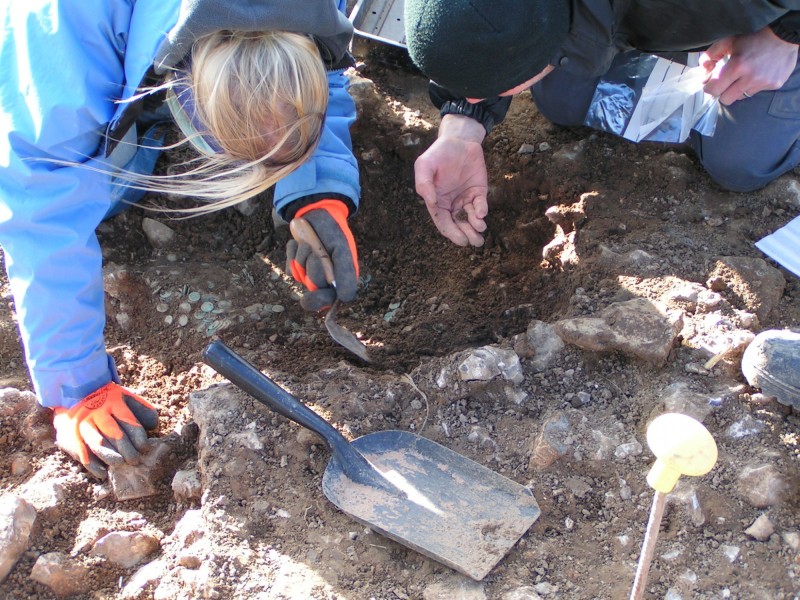 The coin hoard being excavated