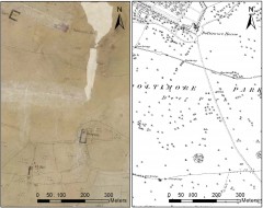 Two farmsteads at Poltimore in the mid-19th century, no longer depicted after the area was emparked by the late-19th century. Tithe Map: Devon County Council Digital Mosaic. © Devon County Council. First edition Ordnance Survey 25 inch map © Crown copyright and Landmark Information Group Ltd. 