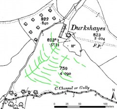 Curving lined showing the conjoined ditches of a hillside watermeadow; numerous parallel curving ditches across the contour are perpendicular to two that run downslope. This is overlain on a historic map that depicts Durkshayes Farm buildings.