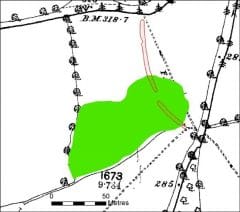 A black and white historic map showing field boundaries, trackways, roads and trees, overlain by a red curvilinear transcription of a bank, which is partly overlapped by an irregular green area, which is a transcription of a large pit.