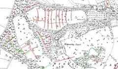 A black and white historic map showing a large field north of Widworthy Court, named Widworthy Park, within which is a series of curvilinear red transcriptions.