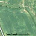 A colour aerial photograph of two parallel dark cropmarks that may have formed the south-west corner of a ditched enclosure