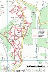 A map with overlying transcriptions in red showing the layout of former field boundaries on Torbryan Hill.